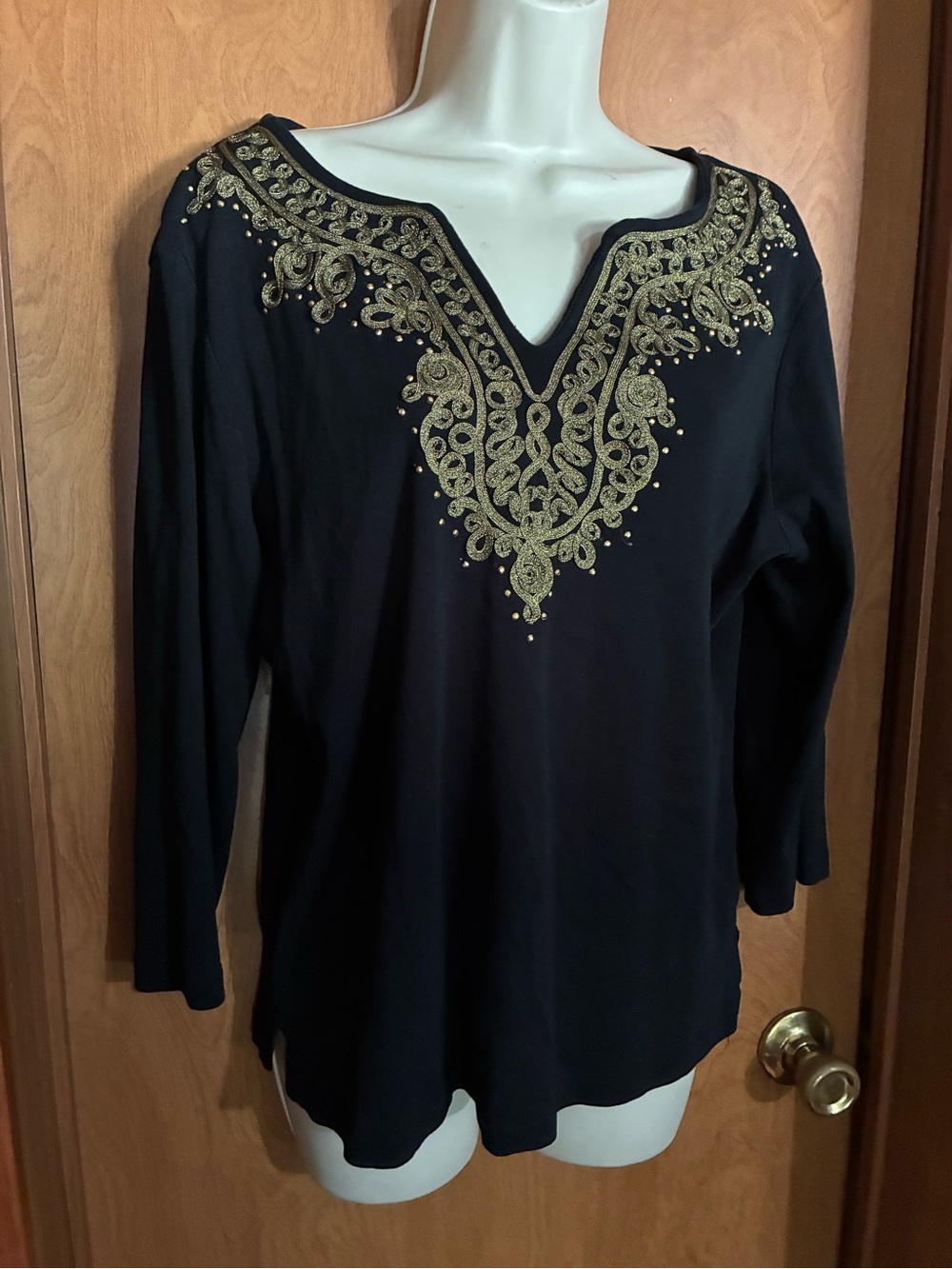 Women's Black Top with Gold Embroidered V-Neck